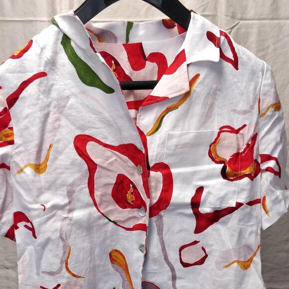 Hand sewn abstract pattern crop blouse with ties - Picture 1 of 5
